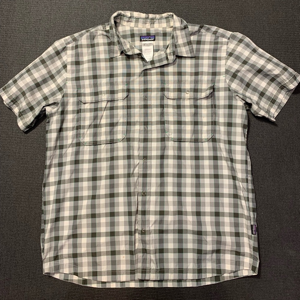Patagonia El Ray Shirt Mens L Gray Green Check Performance Short Sleeve Snap Up